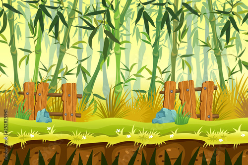 Cartoon seamless background bamboo forest. Template landscape decorated fence and leaves for computer games. Vector illustration.