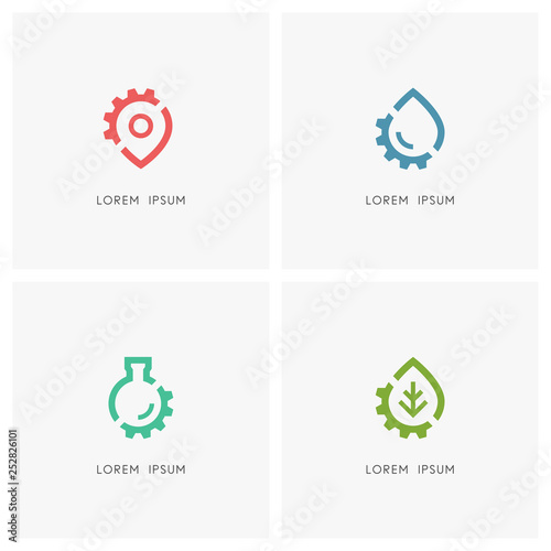 Gear wheel logo set. Address pointer, drop of water, test tube, green leaf and pinion symbol - place and position, hydro power and alternative energy, laboratory, industry and ecology icons.