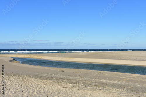 Beach with river, seagulls and waves. Blue sky, Galicia, Spain.