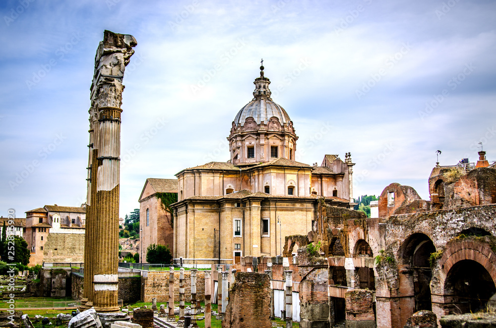 View of the Roman Forum under the blue sky. Rome. Italy.