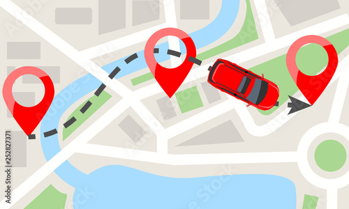 Car with top view on city map and red pins. Car moving on dotted line trail. Flat Vector illustration.