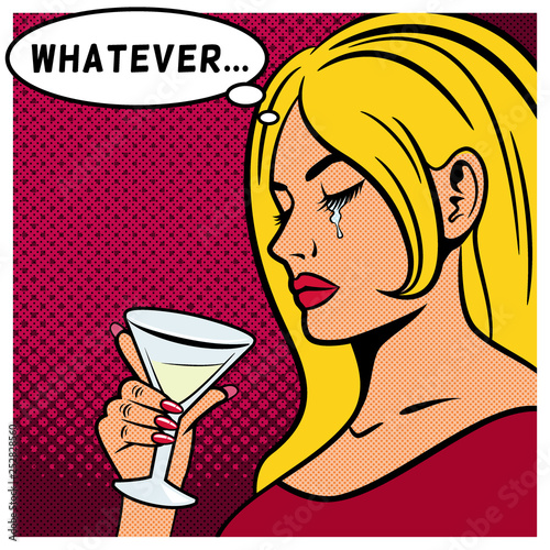 Attractive young woman drinking martini. A beautiful woman is sad and crying. Illustration for a book or magazine.