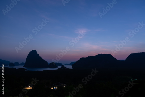 Silhouette twilight time in the morning  Samed Nang Chee Bay and island  Phang Nga National Park  Thailand.