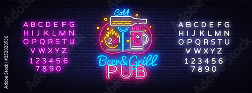 Beer Grill neon sign vector design template. Beer Night neon logo, light banner design element colorful modern design trend, night bright advertising, bright sign. Vector. Editing text neon sign