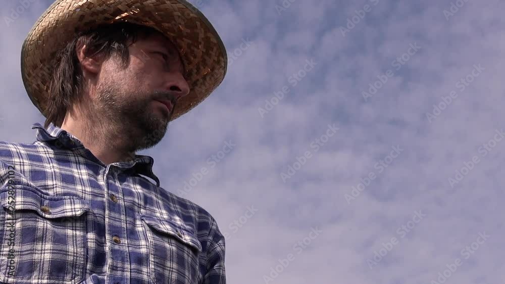 Farmer is looking at his field, male farm worker wearing plaid shirt and straw hat is planning next agricultural activity