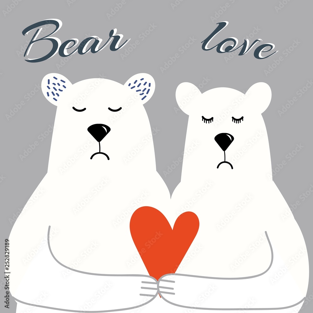 cute polar bears in sweaters, a gentle and cute vector illustration, a bearish couple, joyful hugs, a bear hugging a bear, for design of T-shirts, cards, greetings, postcards, in cartoon style.