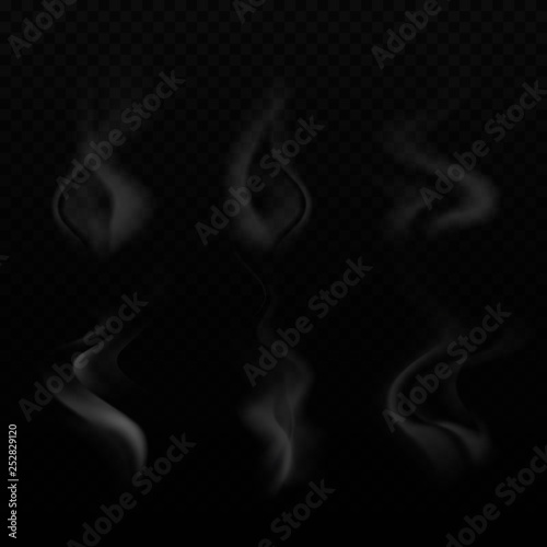 Set of realistic bright, smoke, wave, steam, vape on transparent backdrop. White decorative effects . Vector illustration. Isolated