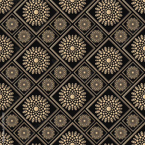 Islamic vector design. Seamless pattern oriental ornament. Black and golden textile print. Floral tiles.