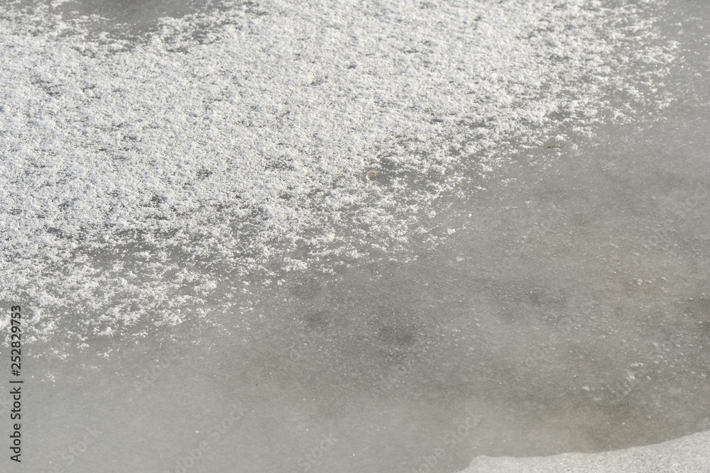 Fototapeta premium Snow and ice on a winter river. Winter texture and background