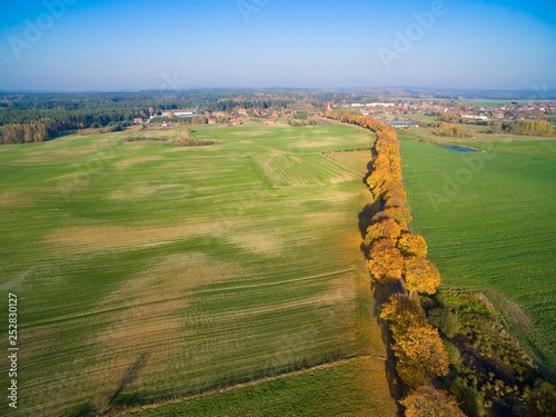 Country road with colorful maple trees through the hilly terrain during the autumn season, Pozezdrze town in the background, Mazury, Poland photo