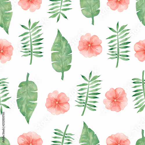 Watercolor Hand draw tropical soft red  flowers and green leaves pattern on white background.