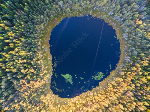 Aerial view of beautiful landscape of Mazury region during autumn season, Kacze Lake, Poland photo