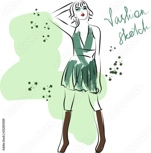 Sketch of girl in short green dress