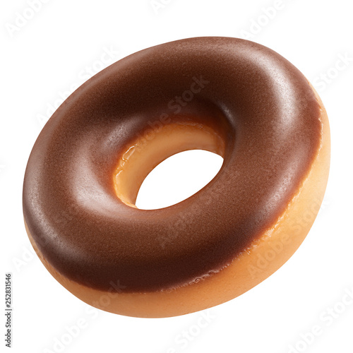 Tasty Donut dessert with chocolate glossy glaze, isolated on white background. Sweet food concept with one round chocolate doughnut cake for your design and print. Front View