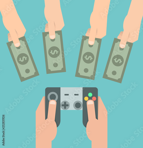 Hand holding game controller, while other hands offering or giving money bills