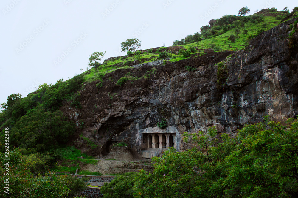 Cave 6 Facade and Cave 5 Brahmanical Cave to left, Aurangabad caves, Eastern Group, Aurangabad, Maharashtra, India.