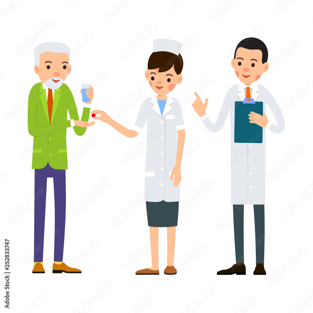 Nurse gives medication to patient. Elderly man with glass of water stretches his hand to pills. Doctor reads the patient medical history. Cartoon illustration isolated on background in flat style Nurse gives medication to patient. Elderly man with glass of water stretches his hand to pills. Doctor reads the patient medical history. Cartoon illustration isolated on background in flat style
