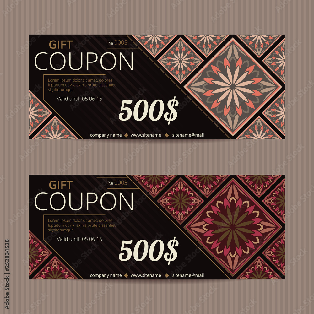 Gift voucher in Persian style. Vector discount card. Ornamental floral tiles. Eastern ornament.