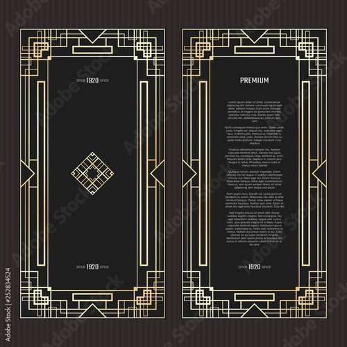 Vector geometric cards in Art Deco style. Light golden flyers. Premium vector frame in luxury style. Restaurant menu with logo. Black and gold tickets.