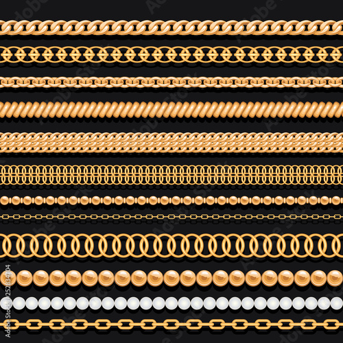 Set of gold chains beads and ropes on black. Seamless brushes for design.