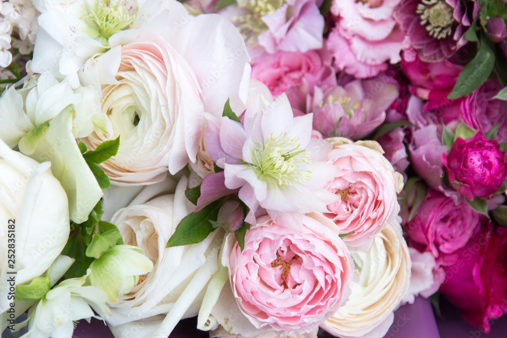  Floral background, texture. Beautiful rich elegant wedding bouquet, flowers arrangement by florist with white and pink roses close up, macro 