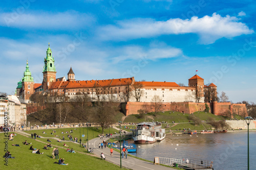 KRAKOW, POLAND - APRIL 7, 2018: Wawel Royal Castle and Vistula river in Krakow, Poland