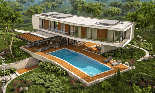 3d rendering of modern cozy house on the hill with garage and pool for sale or rent with beautiful landscaping on background. Clear sunny summer day with blue sky. © korisbo