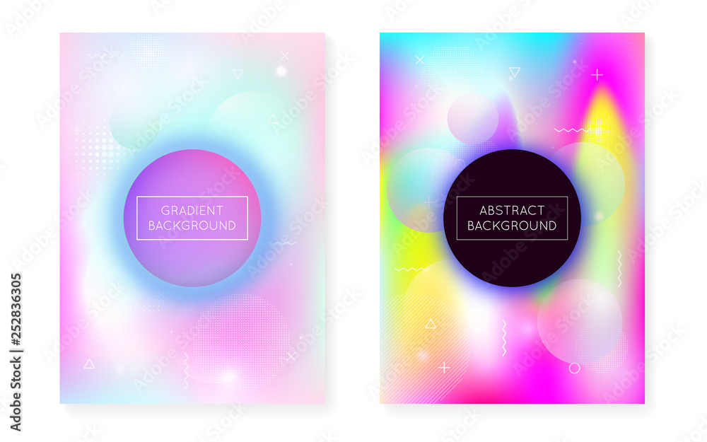 Fluid shapes cover with liquid dynamic background. Holographic bauhaus gradient with memphis. Graphic template for book, annual, mobile interface, web app. Colorful fluid shapes cover.