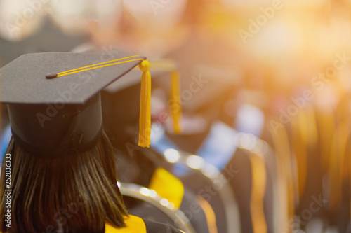 Rear view selective focus of the university graduates crowded in the graduation ceremony. The graduates stand in-line while waiting for  awarding degree certificate. Graduation congratulations photo