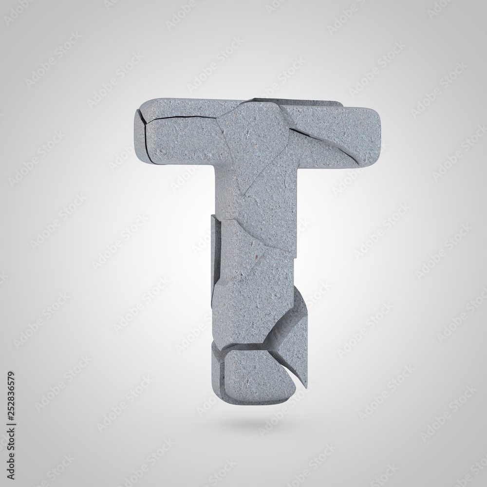 Concrete letter T uppercase stone font isolated on white background