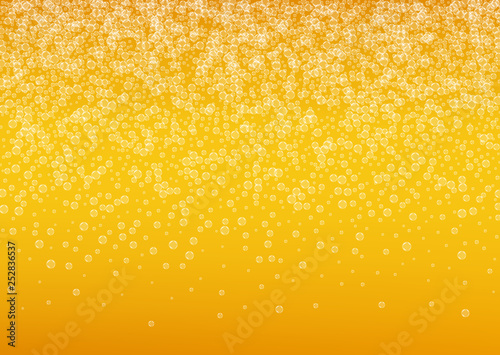 Splash beer. Background for craft lager. Oktoberfest foam. Shiny pint of ale with realistic white bubbles. Cool liquid drink for bar menu concept. Yellow jug with splash beer.