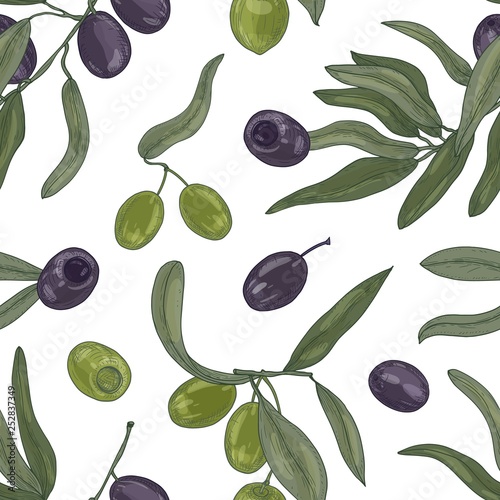 Botanical seamless pattern with organic olive tree branches, leaves, black an...