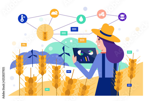 Smart farmer using tablet to monitor barley rice field. Modern agriculture concept. Flat design elements. Vector illustration