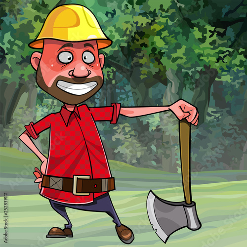 cartoon man woodcutter in a helmet with an ax stands in the forest