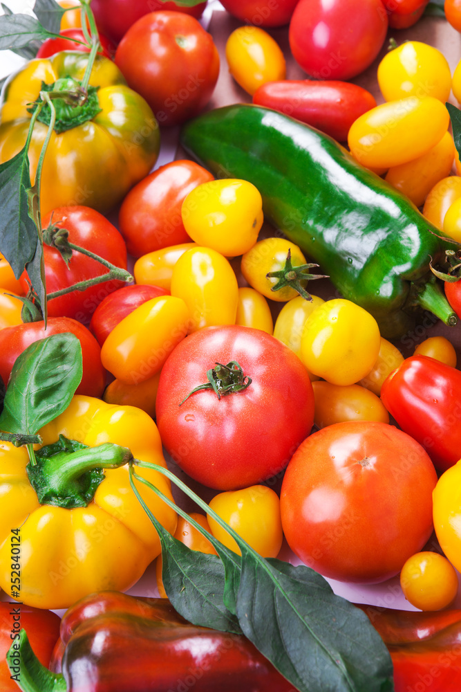 Assorted tomatoes and vegetables isolated on white background. Photo for your design. Assorted tomatoes and vegetables isolated on white background. Photo for your design.