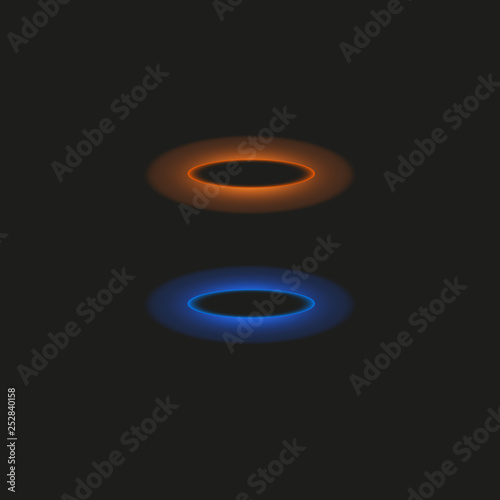 Magic fantasy portal. Futuristic teleport. Light effect. Blue and yellow candles rays of a night scene with sparks on a transparent background. Empty light effect of the podium. Disco club dancefloor