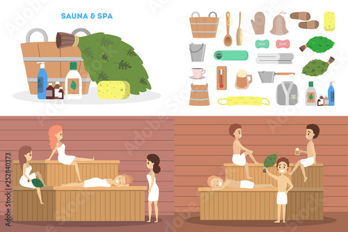 Sauna set. Wooden bathhouse. Spa and relax