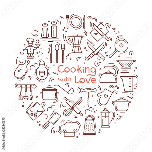 Cooking with love circular Background from icons on the theme of the kitchen and cooking with lettering. Background for the decoration of the menu of restaurants and cafes.