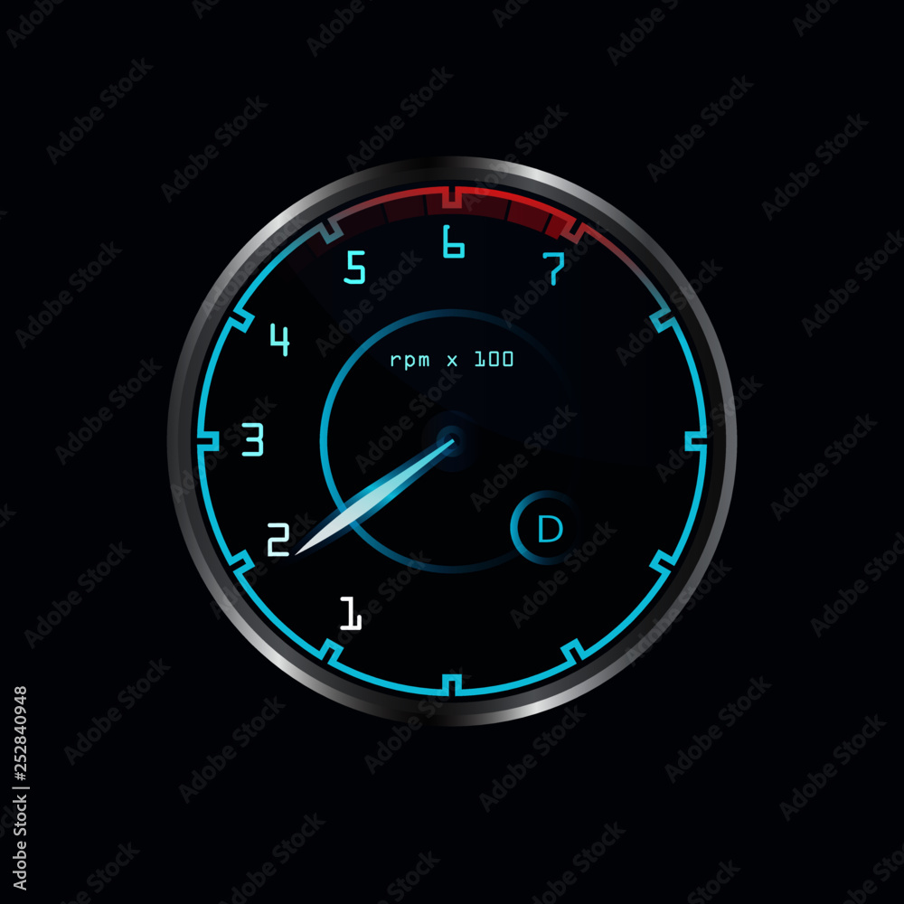 Vector dashboard speedometer isolated. Realistic sensor panel with arrows. Vehicle tachometer, car speedometer. Chrome neon board. Measuring speed illustration.