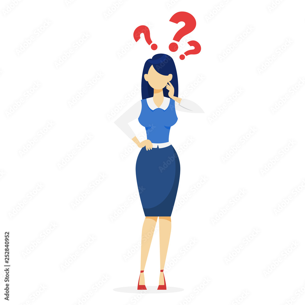 Woman with question mark above. Idea of doubt Woman with question mark above. Idea of doubt