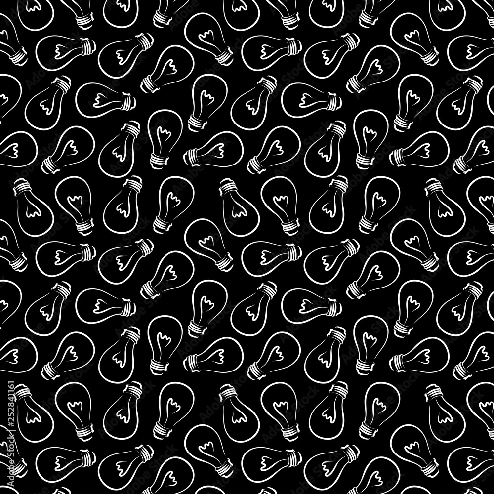 Seamless pattern with white light bulb on black background. Great element of paper design. Seamless pattern with white light bulb on black background. Great element of paper design.