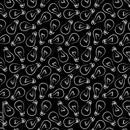 Seamless pattern with white light bulb on black background. Great element of paper design.