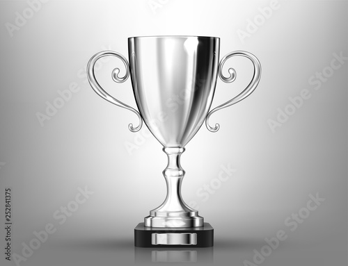 Champion silver trophy on gray background. Realistic vector illustration