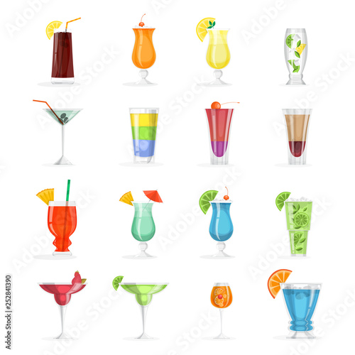 Cocktail set. Collection of alcohol drink in glass.