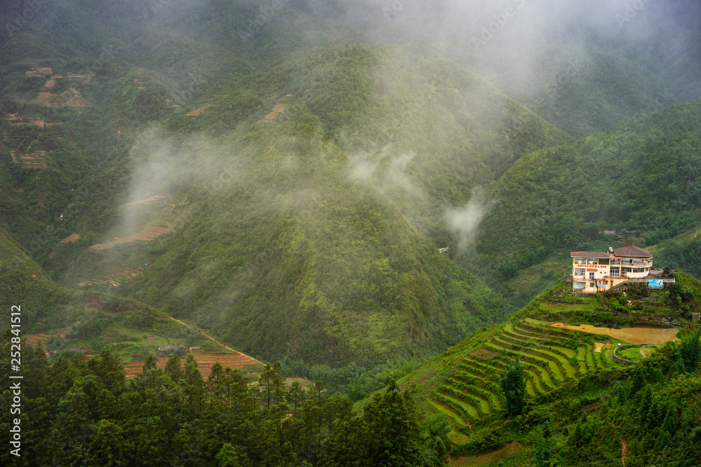Landscape view of valley, village and paddy fields in Sapa