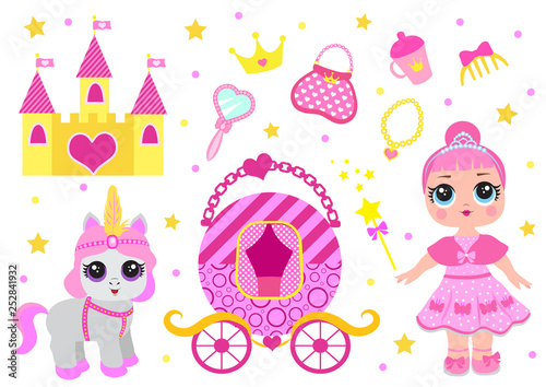 Set of cute little princess, castle, pony, crown carriage and accessories. Fairy Tale Baby girl princess and her pet. Vector illustration.