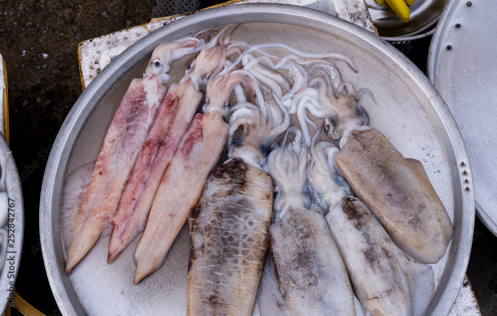 fresh fish on plate ,big squids  on the asian fishmarket  in Vietnam Phu Quoc island tourism concept