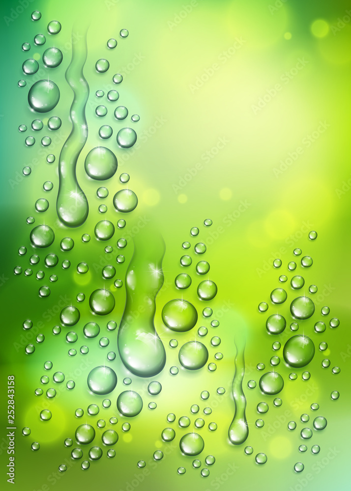 Water rain drops or condensation over blurred green nature background beyond the window, realistic transparent 3d vector illustration, easy to put over any background.