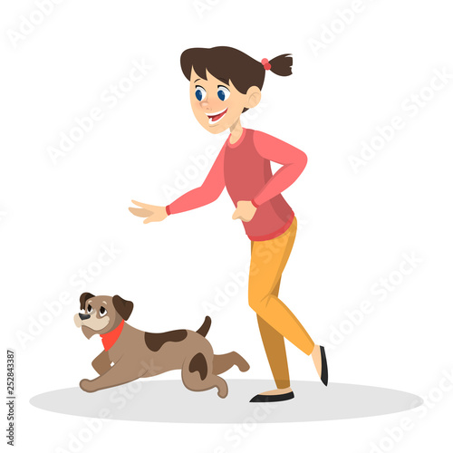 Child girl play with a dog. Happy kid