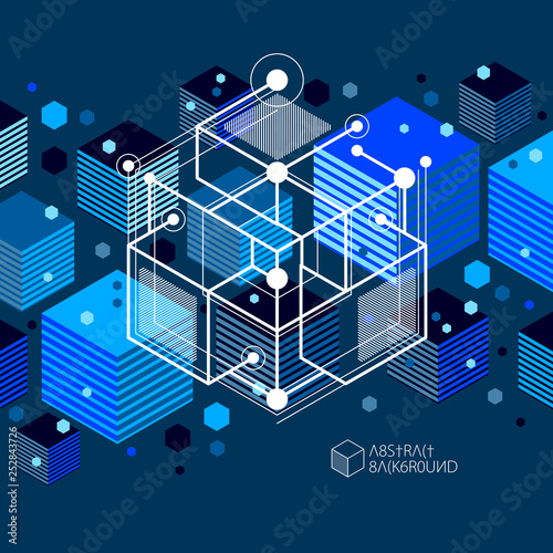 Vector drawing of blue black industrial system created with lines and 3D cubes. Modern geometric composition can be used as template and layout.